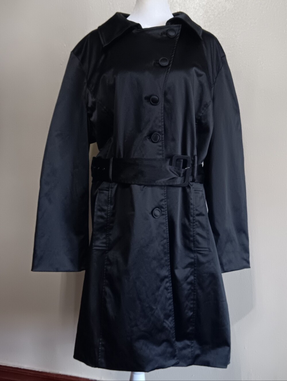 Black Belted Button Up Trench Coat Womens Plus Size 18/20 Dressbarn, Fall - Picture 2 of 9